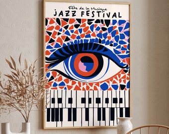 Affiche du festival de jazz rétro, impression d'art abstrait aux couleurs vives, moderne milieu de siècle, festival de musique live en France, grande taille, décoration murale Airbnb
