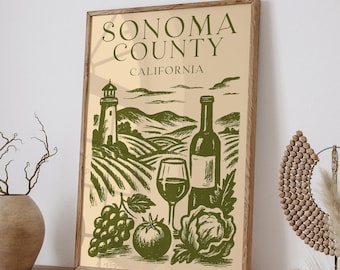 Sonoma County California Print, Vintage Travel Poster, Wine Country Wall Art Print