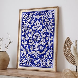 Impresión de arte floral étnico índigo, arte de pared botánico azul intrincado, póster decorativo victoriano vintage, diseño floral bohemio para decoración del hogar