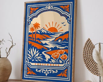 California Poster, Vintage Sunset Palm Tree Print, Bold Blue Orange Travel Wall Art