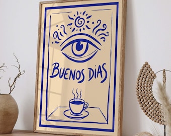 Buenos Dias Print, Evil Eye Coffee Poster, Blue Line Art, Kitchen Wall Art