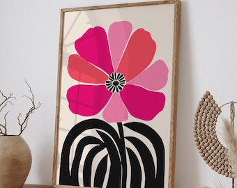 Pink Floral Art Print: Retro Flower Poster, Mid Century Modern