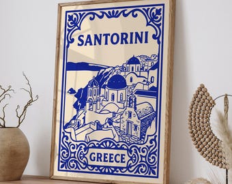 Santorini Greece Travel Poster, Blue Mediterranean Wall Art for Coastal Home Decor