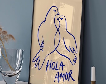 Hola Amor Two Doves Print, Line Art Love Birds Poster