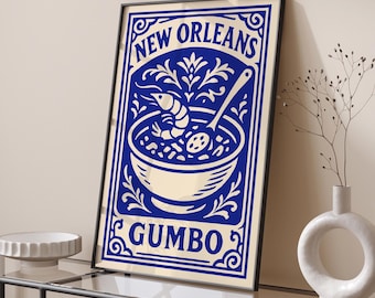 New Orleans Gumbo Poster, Vintage Cajun Kitchen Wall Art, Louisiana Food Illustration Print