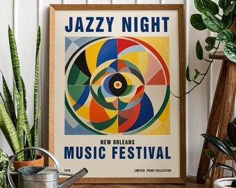 New Orleans Music Festival Poster, Jazz Print, Concert Poster, Music Poster, Wall Art, Retro Home Decor, Geometric Art, Mid Century Modern