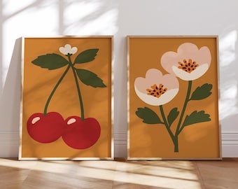 Set of 2 Botanical Posters – Modern Minimalist Fruit & Floral Wall Art, Warm Retro Decor