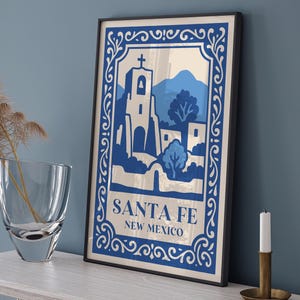 Santa Fe New Mexico Poster, Vintage Southwest Travel Print, Adobe Church Wall Art image 1