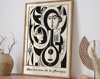 Vintage Cubist Music Art Poster - Abstract Rendez-vous de la Musique Wall Art - Black and White Musical Instruments Decor for Music Lovers