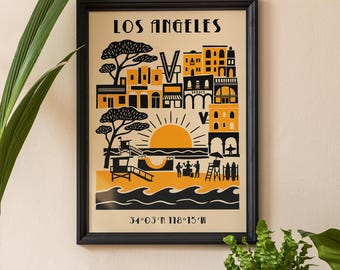 Los Angeles Venice Poster, Coordinates Wall Art, Retro Beach City Print, California Sunset Decor