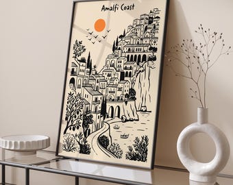 Amalfi Coast Print, Italy Cliffside Village Wall Art, Coastal Poster Decor