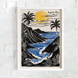 Puerto Rico Tropical Sunset Poster - Vibrant Coastal Landscape Art Print - Palm Trees, Ocean Waves, and Mountains - Caribbean Wall Decor