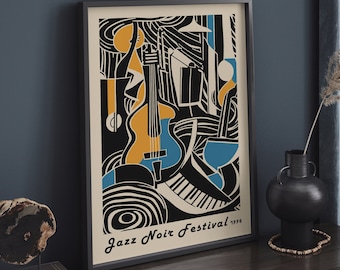 Jazz Noir Festival Poster, Vintage Music Poster, Mid-Century Modern Design, Retro Wall Art, Mailed Prints, Large Wall Art, Living Room Decor