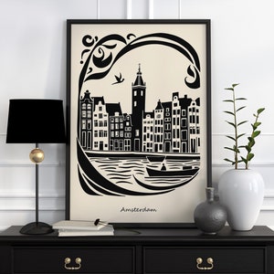 Impression noir et blanc d'Amsterdam, décoration murale minimaliste, affiche paysage urbain, impression d'art esthétique, art du paysage, déco Airbnb, affiche de voyage