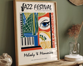 Affiche du festival de jazz, impression d'art géométrique abstrait vintage, décoration murale moderne Mid-Century, grande affiche de musique live rétro 24 x 36, déco Airbnb