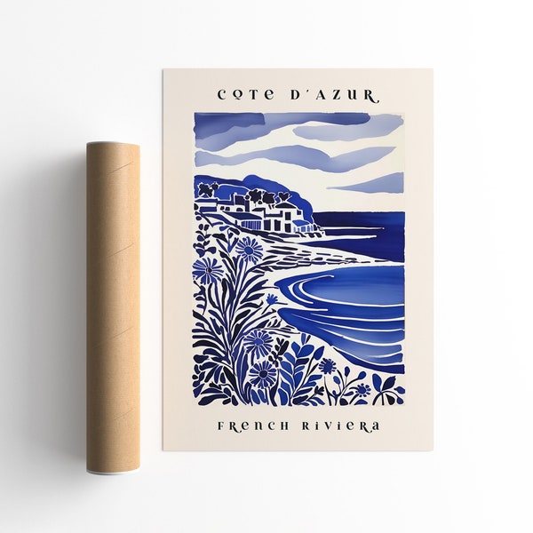 Côte d’Azur French Riviera Poster - Blue and White Coastal Artwork, Beach Scene Wall Art, Elegant Home Decor, Perfect Gift for Travel Lovers