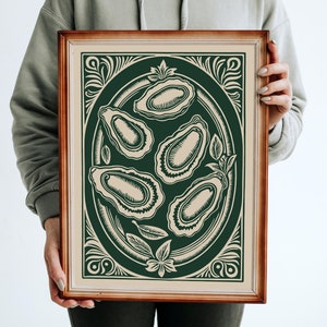 Green Rococo-Style Oysters Print, Farmhouse Wall Decor, Coastal Wall Art for Dining Room, Culinary Poster, French Cottagecore Kitchen Art