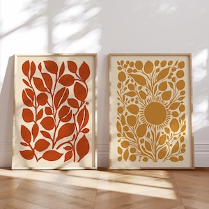 Set of 2 Botanical Wall Art, Warm Minimalist Living Room Decor, Modern Boho Floral Posters Bundle