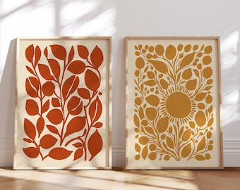 Set of 2 Botanical Wall Art, Warm Minimalist Boho Living Room Decor