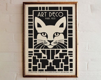 Art Deco Cat Poster, Arts Decoratifs Print, Vintage Wall Art, Black and White, Retro Design, Art Nouveau Print, Modern Art, Minimalist Art