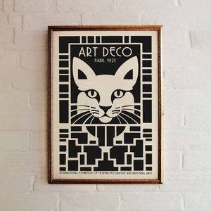 Art Deco Cat Poster, Arts Decoratifs Print, Vintage Wall Art, Black and White, Retro Design, Art Nouveau Print, Modern Art, Minimalist Art