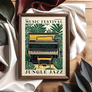 Vintage California Music Festival Jungle Jazz Poster, Retro Piano & Tropical Leaves Wall Art, Collectible Music Poster, Home Decor Large Art