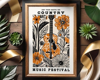Country Music Poster, Vintage Music Poster, Western Wall Art, Nashville, Concert Poster, Farmhouse Decor, Country Music Fan, Cowboy Wall Art