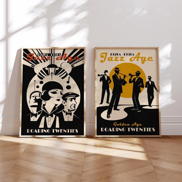 Set of 2 Vintage Art Deco 1920s Jazz Age Posters, Gatsby Era Wall Decor, Flapper Party Prints, 1920s Art Prints, Roaring Twenties  Decor
