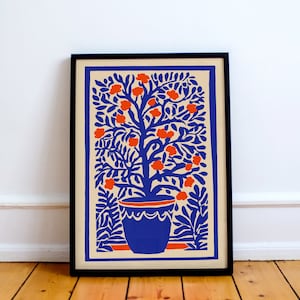 Affiche botanique bleue rétro, art mural vintage, imprimés floraux Indigo Boho, décor de chalet de campagne, imprimé inspiré de Matisse, art abstrait de la nature image 1