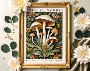 Vintage Style Mushroom and Floral Art Print, William Morris Poster - Elegant Botanical Illustration for Home Decor, Vintage Nature Poster