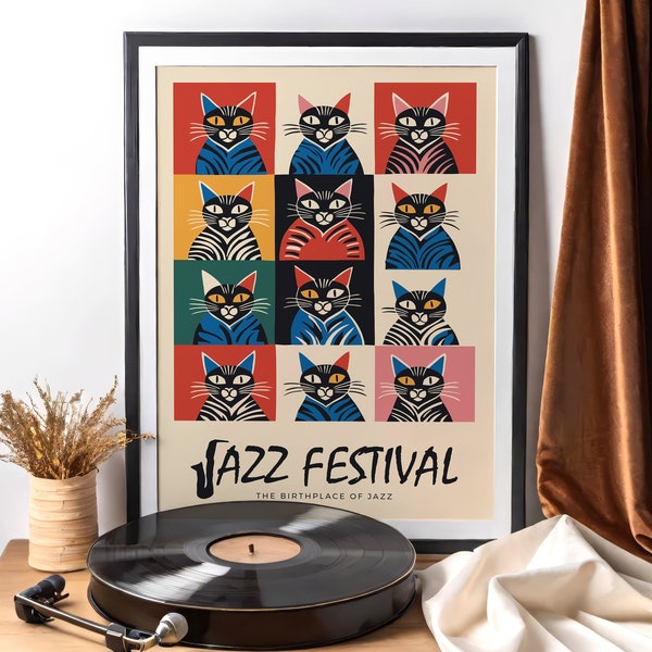 Retro Jazz Festival Poster, Colorful Cats Wall Art, Retro Music Wall Decor, The Birthplace of Jazz, Unique Home Decor, Music Print, Jazz Art