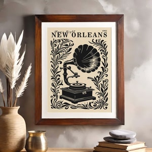 Vintage Music Night in New Orleans Poster, Classic Music Gramophone Artwork, Bohemian Wall Decor, Retro Music Lover Gift, Airbnb Art Prints