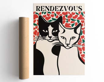 Rendezvous Poster, Quote Wall Art, Cats Portrait, Romantic Art Print, Cat Mom Gift, Bedroom Wall Art, Trendy Poster, Cat Lovers Gift. Modern