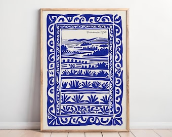 Provence Landscape Poster: Indigo Blue French Countryside Art Print