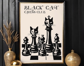 Vintage Black Cat Chess Club Art Print: Retro Feline Linocut