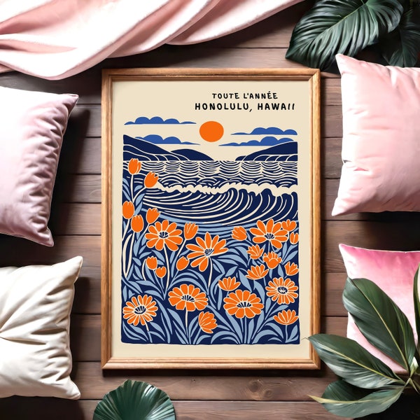 Lámina artística de Honolulu, Hawái: Decoración retro floral de casa de playa