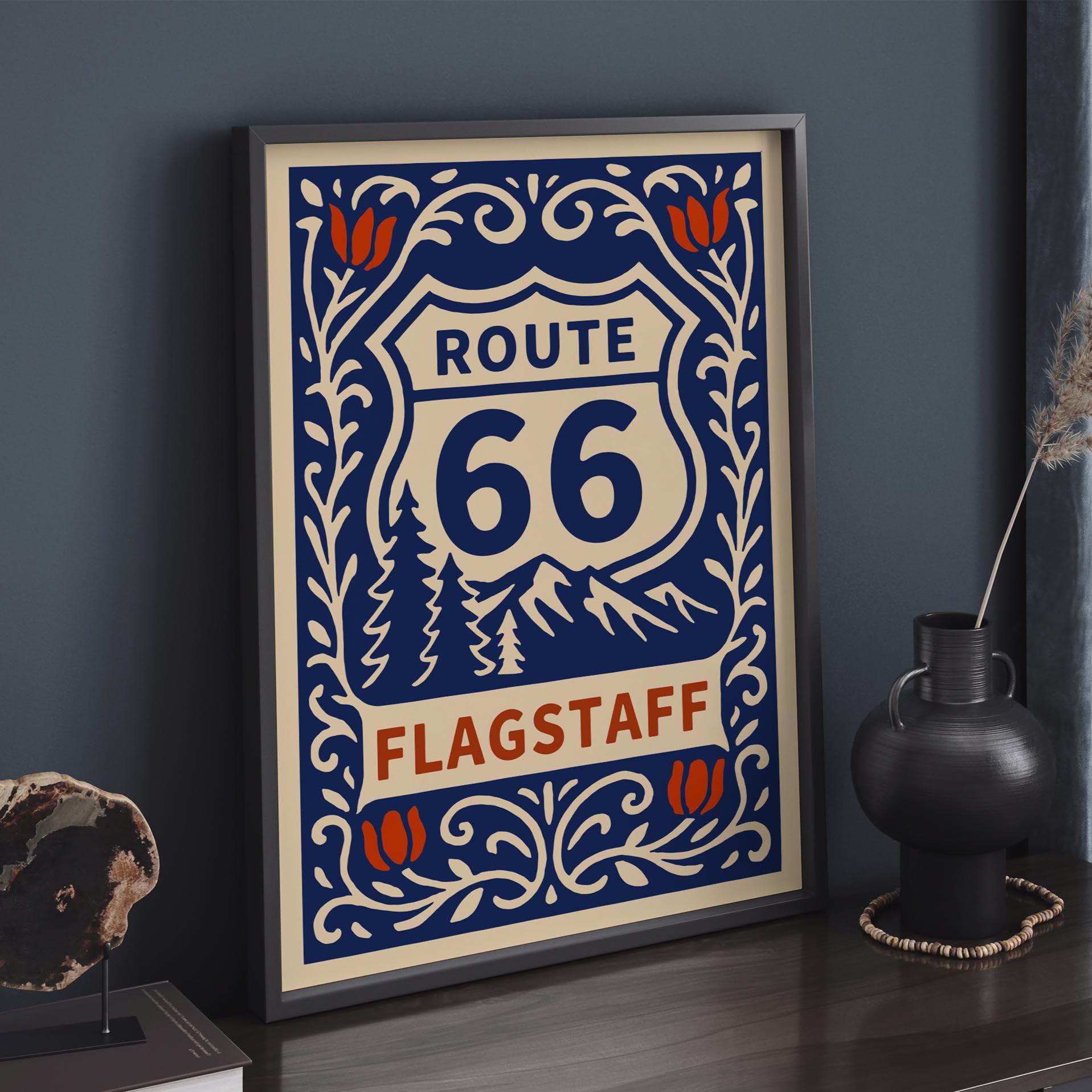 Route 66 Flagstaff Poster, Retro Travel Wall Art, Arizona Road
