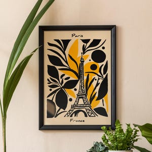 Impresión artística de la Torre Eiffel de París - Decoración de pared botánica moderna - Diseño de hojas amarillas y negras - Póster de viaje a Francia - Decoración del hogar parisino