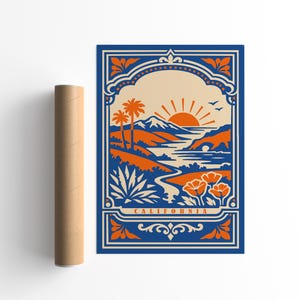 May include: A rectangular poster featuring a stylized California landscape with orange palm trees, mountains, a sun, and flowers against a blue and cream background. The word CALIFORNIA is printed in orange at the bottom center of the illustration.