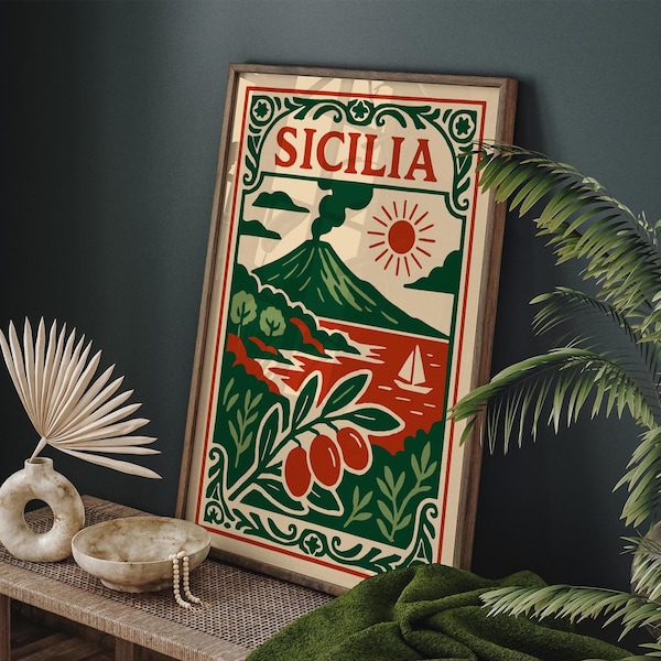Vintage Sicily Travel Poster, Retro Italian Mediterranean Art Print