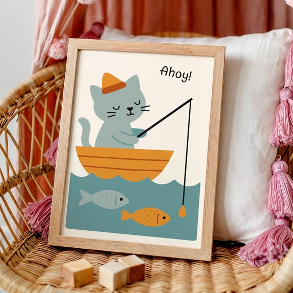 Ahoy Cute Cat Fishing Wall Art, Funny Kids Room Poster, Playful