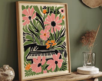 Retro Floral Jazz Piano Art Print: Vintage Botanical Decor