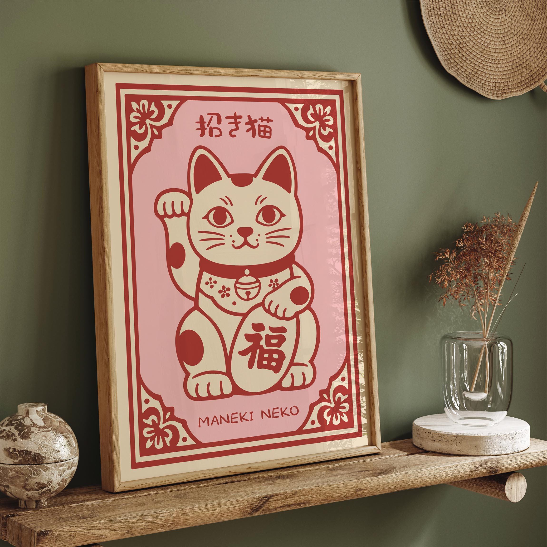 Maneki Neko Lucky Cat Poster | Japanese Fortune Cat Wall Art | Pink Red ...