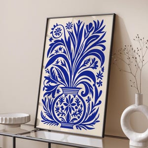 Póster de flores abstractas en jarrón con recortes azules, impresión botánica moderna, arte floral inspirado en Matisse, decoración estética del hogar, impresión artística sin marco