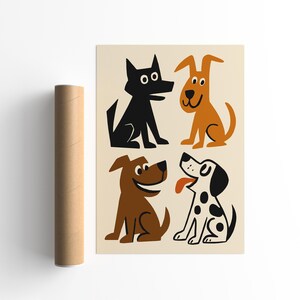 Poster chiens colorés, impression d'art chien mignon et ludique, décoration murale moderne pour les amoureux des chiens, illustration fantaisiste de chiens, décoration murale pour chambre d'enfant