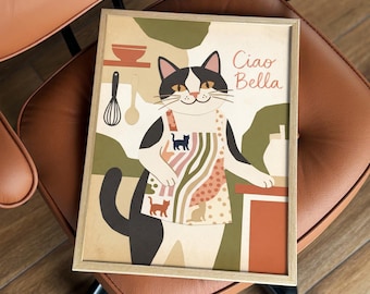 Lámina divertida de gato para la cocina, arte mural de gato italiano, póster retro recortado en papel