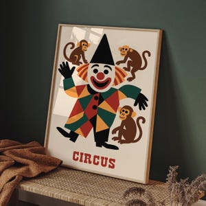 Vintage Circus Poster: Cheerful Clown & Monkeys, Retro Carnival Art