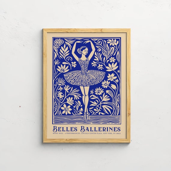 Vintage Ballerina Poster: Blue Floral French Style Wall Art