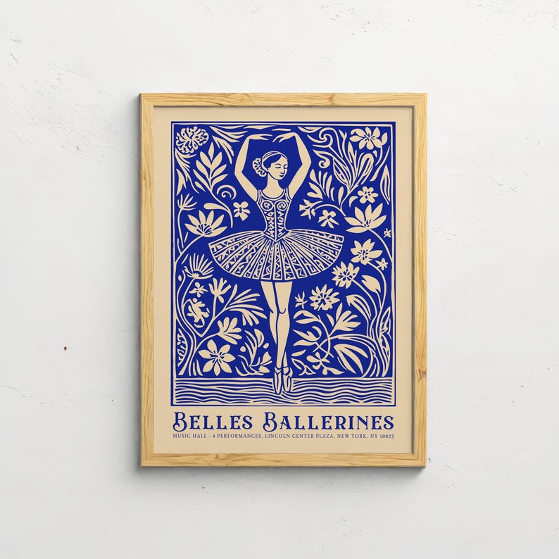 May include: A blue and cream colored poster with a ballerina in a floral setting. The poster reads "BELLES BALLERINES MUSIC HALL 4 PERFORMANCES, LINCOLN CENTER PLAZA, NEW YORK, NY 10023"