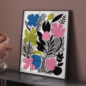 Impression d'art mural botanique moderne, affiche florale colorée abstraite, dessin au trait minimaliste nature scandinave, illustration de plante